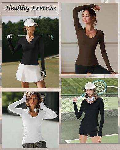 3 Pack Womens Long Sleeve Compression Shirts Workout Yoga V Neck Thumb Hole Tight Tops Lightweight Gym Running Tees(Brown, White, Black,XX-Large) in Saudi Arabia