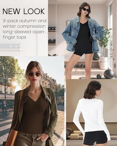 3 Pack Womens Long Sleeve Compression Shirts Workout Yoga V Neck Thumb Hole Tight Tops Lightweight Gym Running Tees(Brown, White, Black,XX-Large) in Saudi Arabia