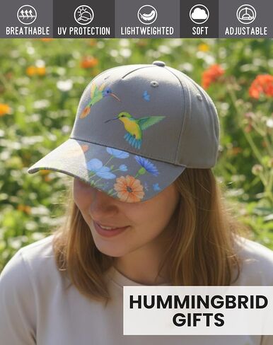 قبعة هدايا InnoBeta Hummingbird للنساء - قبعة قطنية قابلة للتعديل - هدية لمحبي الطيور الطنانة - طباعة زهور الطيور باللون الرمادي in Saudi Arabia