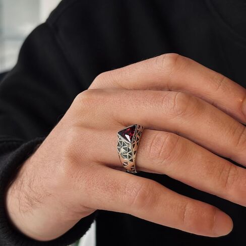 Men’s Ruby Ring 925 Sterling Silver – Triangular Gemstone Victorian Style, Unique Handmade Jewelry, July Birthstone Gift for Father in Saudi Arabia