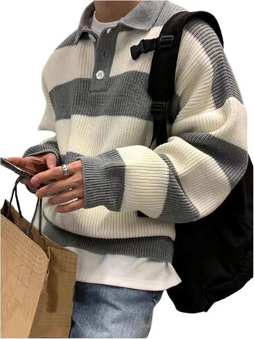 Men's Collared Striped Sweaters Button Down Pullover Sweaters Fall Jumpers in Saudi Arabia