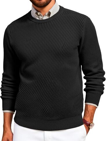Runcati Mens Crewneck Sweater Slim Fit Casual Knit Lightweight Ribbed Pullover Fall Winter Textured Dress Sweaters in Saudi Arabia