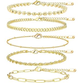 5PCS Gold Bracelets for Women, 18k Gold Plated Durable Waterproof Bracelets Stack Non Tarnish, Dainty Stainless Steel Beaded Cuban Rope Paperclip Satellite Gold Bracelets set, Gold Jewelry For Women in Saudi Arabia