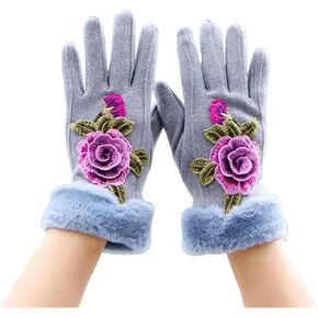 Specell Women Winter Warm Gloves Embroidered Flowers Fleece Lining Touchscreen Fingertips Mittens Windproof for Cold Weather in Saudi Arabia