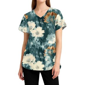 Womens V Neck Printed Scrub Tops Plus Size Medical Nursing Tops Scrubs with Pocket S-5XL in Saudi Arabia