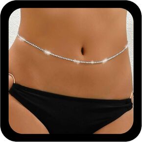 Boho Rhinestone Waist Chain Sexy Tennis Body Chain Gold Crystal Body Belly Cz Waist Belts Adjustable Bikini Body Jewelry for Women in Kuwait