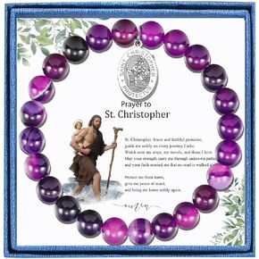 LIUANAN سانت كريستوفر جمشت سوار للنساء قديس المسافرين - هدية الحماية المسيحية مجوهرات الإيمان الكاثوليكي للرحلة والتوجيه هدية السفر الكاثوليكية لابنة أمي الجدة مع أحجار الشفاء الطبيعية in Kuwait