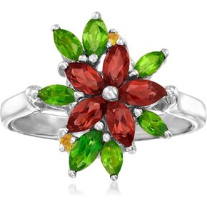 Ross-Simons 1.20 ct. t.w. Garnet and .90 ct. t.w. Chrome Diopside Flower Ring With Citrines in Sterling Silver in Saudi Arabia