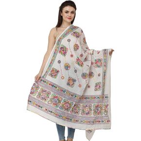 Exotic India Printed Dupatta from Kutch with Hand-Embroidered Florals and Mirrors - Pure Cotton in Kuwait