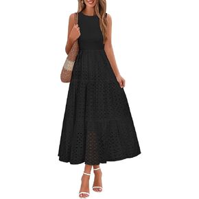 Lazysmile Womens Summer Dresses Crewneck Sleeveless A-Line Hollow Out Eyelet Tiered Tank Maxi Dress Sundress with Pockets in Kuwait
