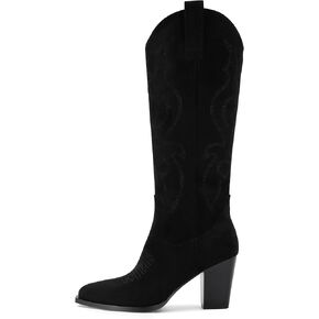 STALOV Cowboy Boots for Women Suede Embroidered Chunky Heel Knee High Pointed Toe Pull On Western Fashion Cowgirl Boot in Saudi Arabia
