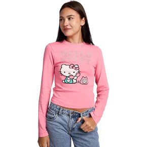 Hello Kitty Talking On Phone Glitter Print Women's Pink Long Sleeve Baby Tee in Saudi Arabia