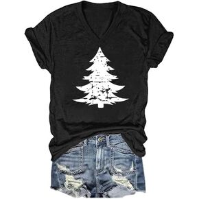 V Neck Merry Christmas Shirts for Women Xmas Tree Graphic T-Shirts Winter Bright Indoor Basic Tops New Year Festival Tee in Saudi Arabia
