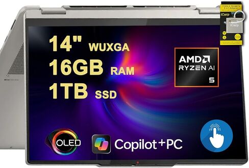 Lenovo Yoga 7 2-in-1 AI PC Laptop | 14 "FHD + Touch | AMD ZEN4 6-Core Ryzen 5 8640HS (> I7-1255U) | 8GB DDR5 512GB SSD | بصمة الإصبع الخلفية FHD IR CAMPAY CAMBACY LING-URISTING WIN11 + HDMI Cable Cable in Kuwait