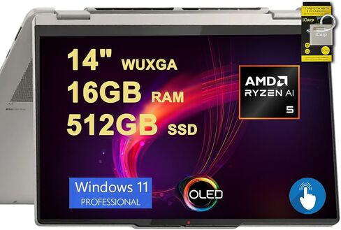 Lenovo Yoga 7 2-in-1 AI PC Laptop | 14 "FHD + Touch | AMD ZEN4 6-Core Ryzen 5 8640HS (> I7-1255U) | 8GB DDR5 512GB SSD | بصمة الإصبع الخلفية FHD IR CAMPAY CAMBACY LING-URISTING WIN11 + HDMI Cable Cable in Kuwait