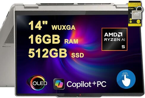 Lenovo Yoga 7 2-in-1 AI PC Laptop | 14 "FHD + Touch | AMD ZEN4 6-Core Ryzen 5 8640HS (> I7-1255U) | 8GB DDR5 512GB SSD | بصمة الإصبع الخلفية FHD IR CAMPAY CAMBACY LING-URISTING WIN11 + HDMI Cable Cable in Kuwait