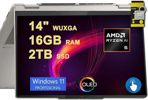 Lenovo Yoga 7 2-in-1 AI PC Laptop | 14 "FHD + Touch | AMD ZEN4 6-Core Ryzen 5 8640HS (> I7-1255U) | 8GB DDR5 512GB SSD | بصمة الإصبع الخلفية FHD IR CAMPAY CAMBACY LING-URISTING WIN11 + HDMI Cable Cable in Kuwait