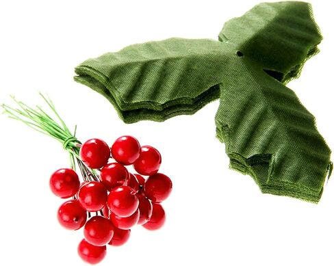 50 Pack Artificial Red Berry Stems and 50 Pack Green Leaves, Christmas Holly Berry Branches for Party Holiday Home Decoration and DIY Garland and Wreath Ornaments in Saudi Arabia