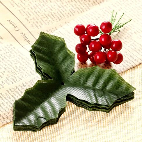50 Pack Artificial Red Berry Stems and 50 Pack Green Leaves, Christmas Holly Berry Branches for Party Holiday Home Decoration and DIY Garland and Wreath Ornaments in Saudi Arabia