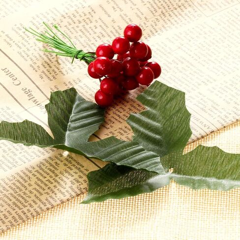 50 Pack Artificial Red Berry Stems and 50 Pack Green Leaves, Christmas Holly Berry Branches for Party Holiday Home Decoration and DIY Garland and Wreath Ornaments in Saudi Arabia
