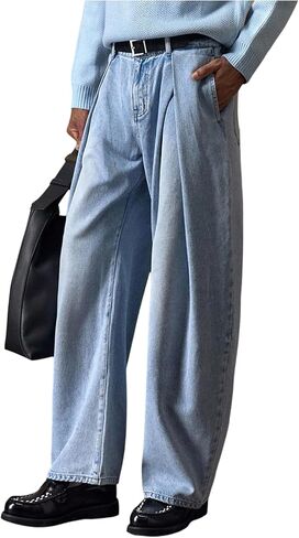 OYOANGLE Men's Wide Leg Jeans Zipper Fly Retro Pleated Baggy Denim Pants with Pockets in Saudi Arabia