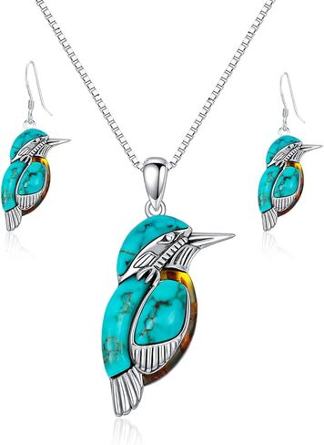 Genuine Bird Turquoise and Amber Stone Jewelry Set for Women, Sterling Silver Native American Necklace Dangle Earrings Western Jewelry in Saudi Arabia