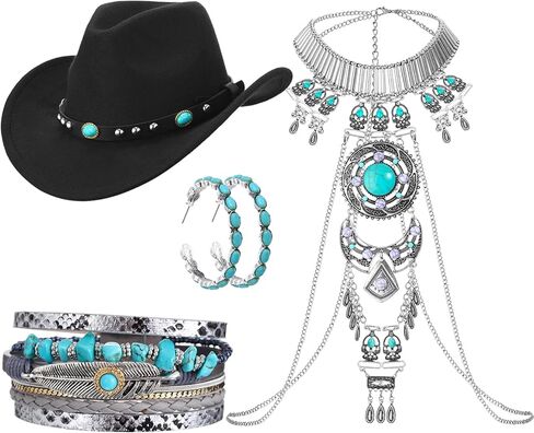 Landical 4 Pcs Boho Turquoise Jewelry Set, Cowboy Western Hat Boho Statement Necklace Body Chains Leather Wrap Turquoise Bracelet Alloy Oval Drop Dangle Earrings in Saudi Arabia