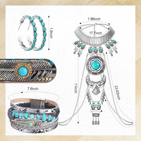Landical 4 Pcs Boho Turquoise Jewelry Set, Cowboy Western Hat Boho Statement Necklace Body Chains Leather Wrap Turquoise Bracelet Alloy Oval Drop Dangle Earrings in Saudi Arabia