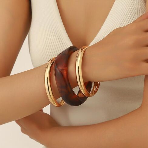 3PCS Chunky Acrylic Bangle bracelets Set for Women Resin Bangle Gold Bracelet Stack Fashions Thick Acetate Statement Trendy Jewelry Set in Saudi Arabia