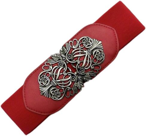 Tatyana Floral Filigree Stretch Belt, Elastic Waist Belt with Silver-Tone Buckle in Pink, Black, Brown, Cream, and Red in Saudi Arabia
