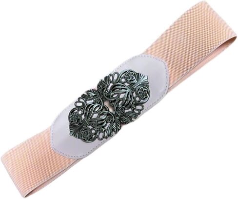 Tatyana Floral Filigree Stretch Belt, Elastic Waist Belt with Silver-Tone Buckle in Pink, Black, Brown, Cream, and Red in Saudi Arabia