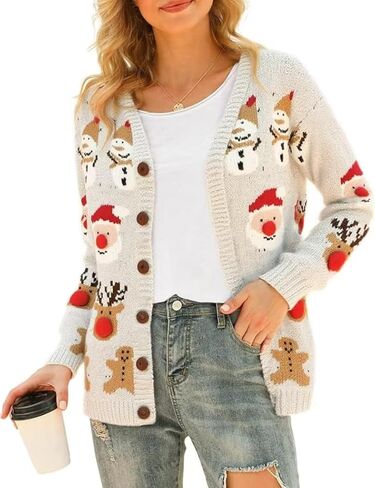 Qbily Women's V-Neck Winter Christmas Knitted Cardigan Sweater Long Sleeve Button Santa Claus Outerwear Pullover Tops in Saudi Arabia