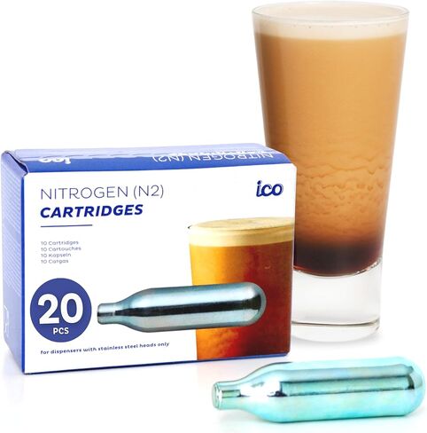 20 قطعة من خراطيش النيتروجين من ICO، خراطيش N2 لصانعة القهوة الباردة من نيترو، خرطوشة نيترو غير مترابطة لصنع مشروبات نيترو الباردة والمشروبات المملوءة بالنيترو، 2 جرام in Kuwait