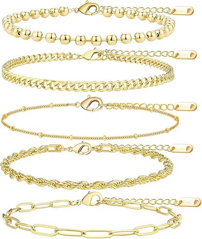 5PCS Gold Bracelets for Women, 18k Gold Plated Durable Waterproof Bracelets Stack Non Tarnish, Dainty Stainless Steel Beaded Cuban Rope Paperclip Satellite Gold Bracelets set, Gold Jewelry For Women in Saudi Arabia