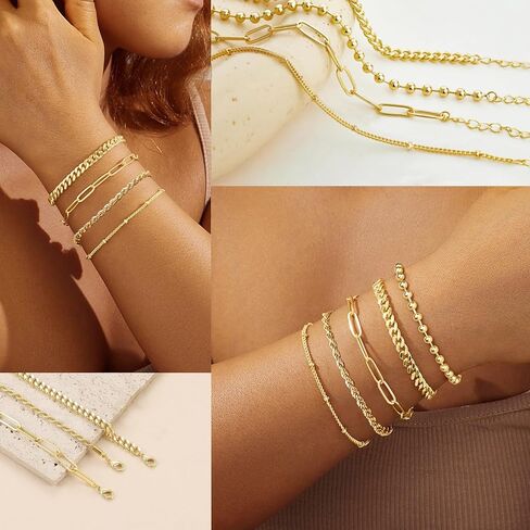 5PCS Gold Bracelets for Women, 18k Gold Plated Durable Waterproof Bracelets Stack Non Tarnish, Dainty Stainless Steel Beaded Cuban Rope Paperclip Satellite Gold Bracelets set, Gold Jewelry For Women in Saudi Arabia