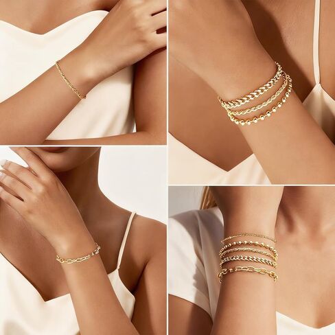 5PCS Gold Bracelets for Women, 18k Gold Plated Durable Waterproof Bracelets Stack Non Tarnish, Dainty Stainless Steel Beaded Cuban Rope Paperclip Satellite Gold Bracelets set, Gold Jewelry For Women in Saudi Arabia