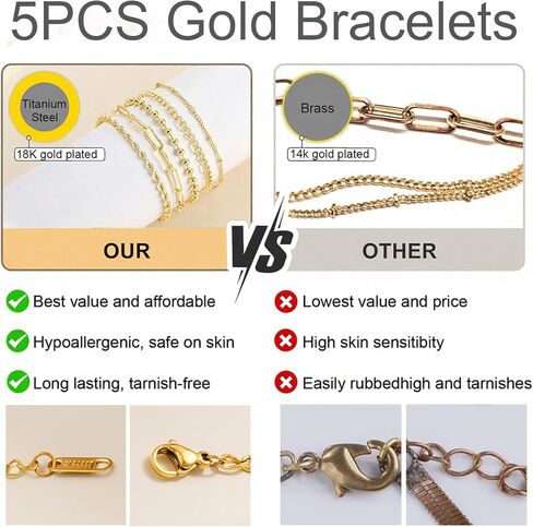 5PCS Gold Bracelets for Women, 18k Gold Plated Durable Waterproof Bracelets Stack Non Tarnish, Dainty Stainless Steel Beaded Cuban Rope Paperclip Satellite Gold Bracelets set, Gold Jewelry For Women in Saudi Arabia
