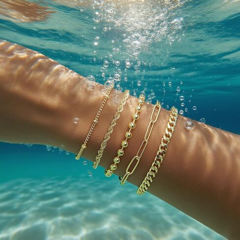 5PCS Gold Bracelets for Women, 18k Gold Plated Durable Waterproof Bracelets Stack Non Tarnish, Dainty Stainless Steel Beaded Cuban Rope Paperclip Satellite Gold Bracelets set, Gold Jewelry For Women in Saudi Arabia
