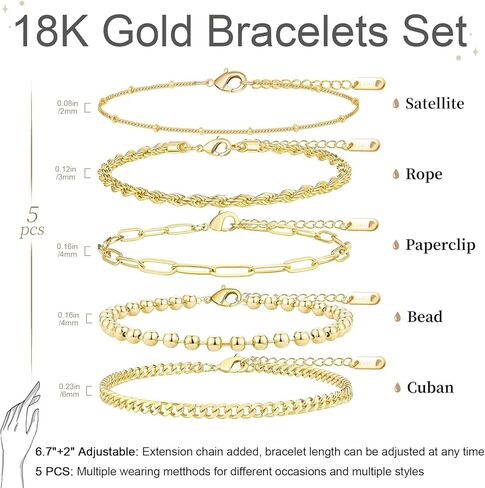 5PCS Gold Bracelets for Women, 18k Gold Plated Durable Waterproof Bracelets Stack Non Tarnish, Dainty Stainless Steel Beaded Cuban Rope Paperclip Satellite Gold Bracelets set, Gold Jewelry For Women in Saudi Arabia