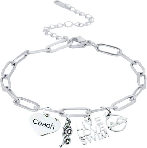 Sportybella Silver Stainless Steel Swimming Coach Charm Bracelet – Adjustable Chain with Coach Heart, Goggles, Live Love Swim & Swimmer Charms – Gift for Swim Coaches & Instructors in Saudi Arabia
