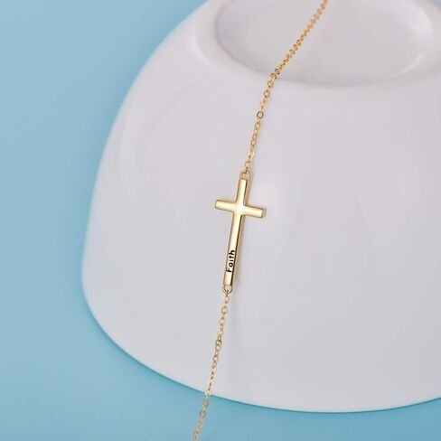 SISGEM 14k Gold Sideways Cross Bracelets for Women, Yellow Gold Engraved Faith Cross Bracelet with Adjustable Chain Fine Jewelry Anniversary Christmas Gift for Mom, Wife 6.5" - 8.5" in Saudi Arabia