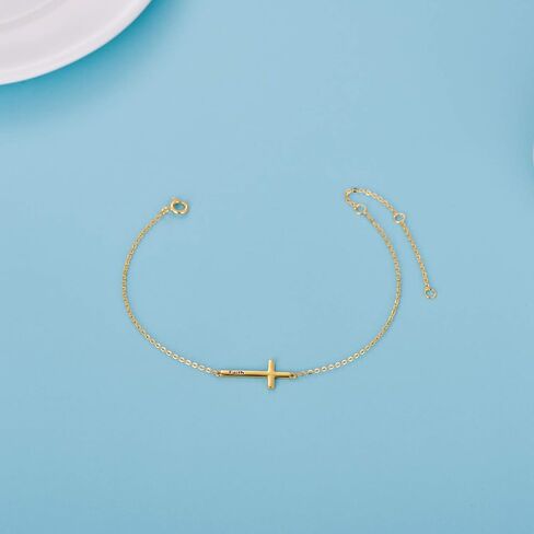 SISGEM 14k Gold Sideways Cross Bracelets for Women, Yellow Gold Engraved Faith Cross Bracelet with Adjustable Chain Fine Jewelry Anniversary Christmas Gift for Mom, Wife 6.5" - 8.5" in Saudi Arabia