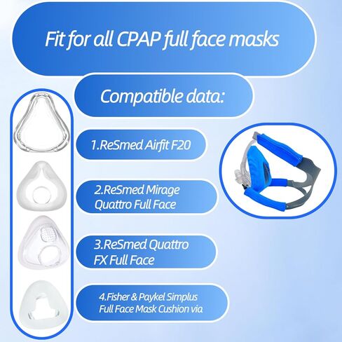 4 عبوات من بطانات أقنعة CPAP + 4 عبوات من أغطية أشرطة CPAP المتوافقة مع أقنعة F20 لكامل الوجه CPAP من ResMed Mirage Quattro بديلة لكامل الوجه (أزرق، متوسط) in Kuwait