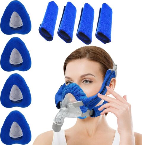 4 عبوات من بطانات أقنعة CPAP + 4 عبوات من أغطية أشرطة CPAP المتوافقة مع أقنعة F20 لكامل الوجه CPAP من ResMed Mirage Quattro بديلة لكامل الوجه (أزرق، متوسط) in Kuwait