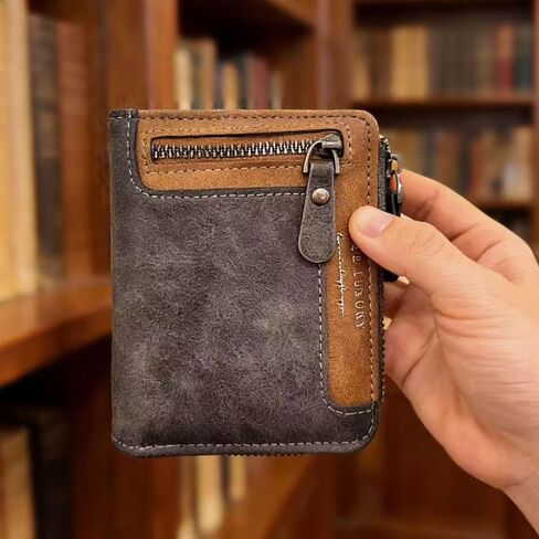 Mens Wallets Leather Black Short Wallet Handcrafted with Zipper, Slim Bifold Wallet with Multiple Card Slots & Coin Pocket, RFID Blocking Compact Wallet for Daily Use and Gift in Saudi Arabia