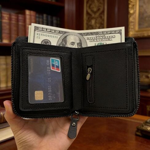 Mens Wallets Leather Black Short Wallet Handcrafted with Zipper, Slim Bifold Wallet with Multiple Card Slots & Coin Pocket, RFID Blocking Compact Wallet for Daily Use and Gift in Saudi Arabia