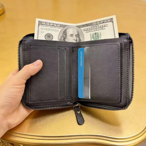Mens Wallets Leather Black Short Wallet Handcrafted with Zipper, Slim Bifold Wallet with Multiple Card Slots & Coin Pocket, RFID Blocking Compact Wallet for Daily Use and Gift in Saudi Arabia