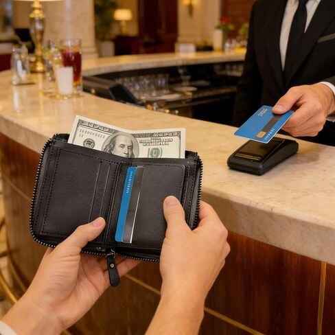 Mens Wallets Leather Black Short Wallet Handcrafted with Zipper, Slim Bifold Wallet with Multiple Card Slots & Coin Pocket, RFID Blocking Compact Wallet for Daily Use and Gift in Saudi Arabia