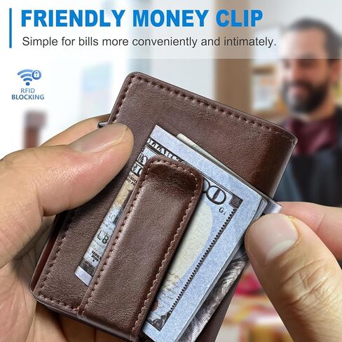محفظة رجالية بجيب أمامي نحيف مع مشبك نقود مدمج وجيب للعملات المعدنية، وحجب RFID ونافذة لبطاقة الهوية (بني) in Kuwait