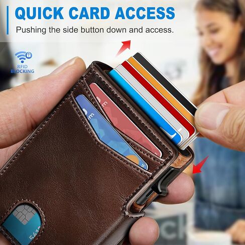 محفظة رجالية بجيب أمامي نحيف مع مشبك نقود مدمج وجيب للعملات المعدنية، وحجب RFID ونافذة لبطاقة الهوية (بني) in Kuwait